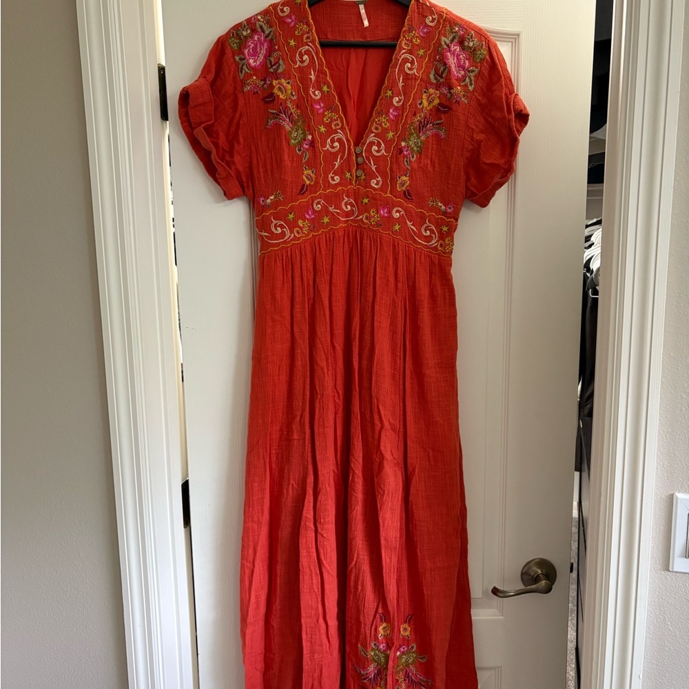 Free People Orange Floral Embroidered Maxi Easter Dress